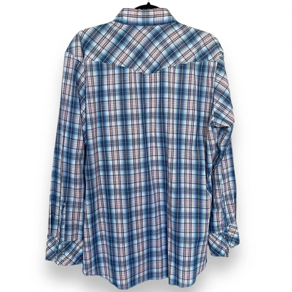 Vintage 90s Wrangler Blue White Red Plaid Western Pearl Snap Shirt Size Large - Picture 2 of 4